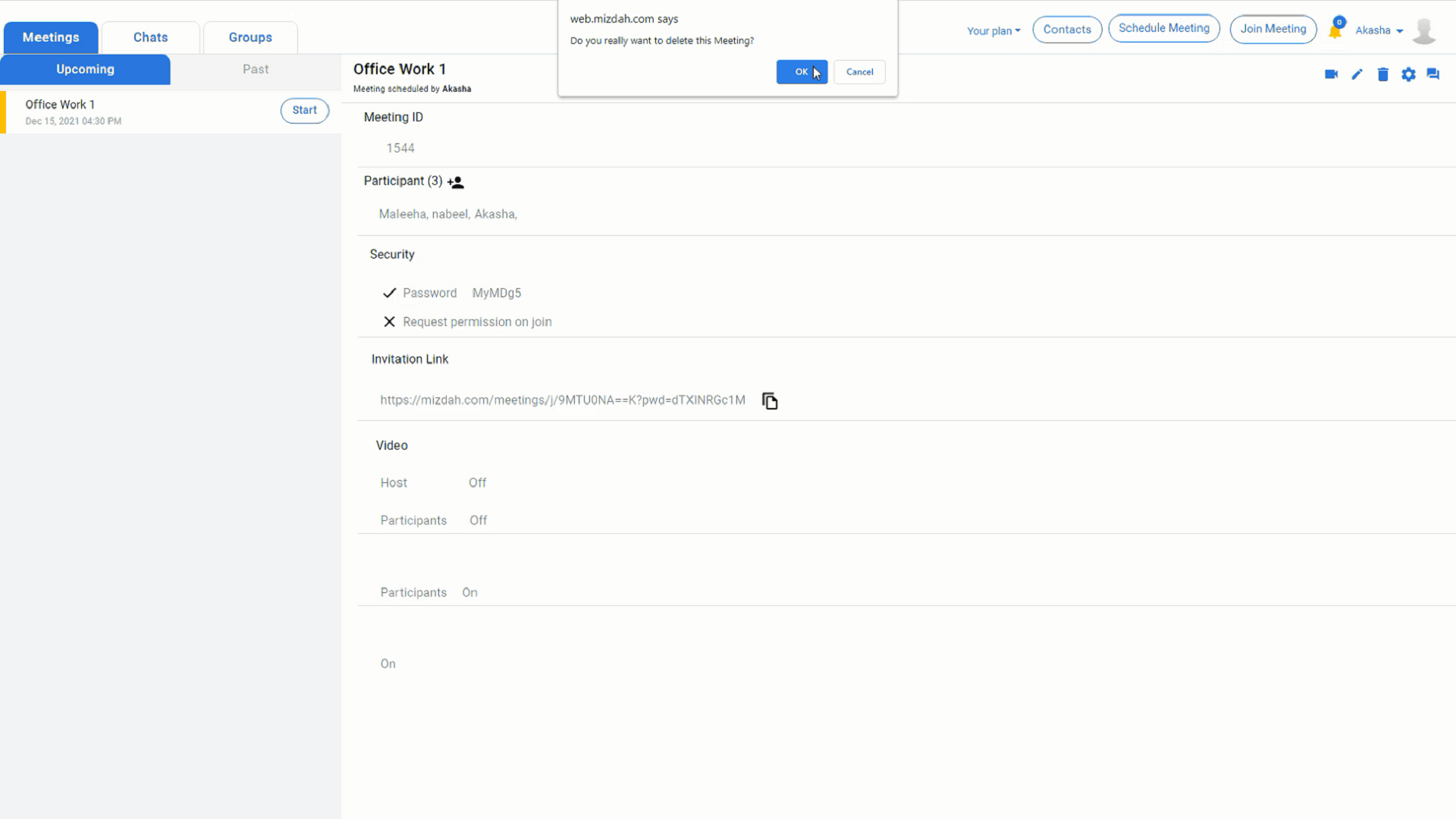 Mizdah web app delete meeting