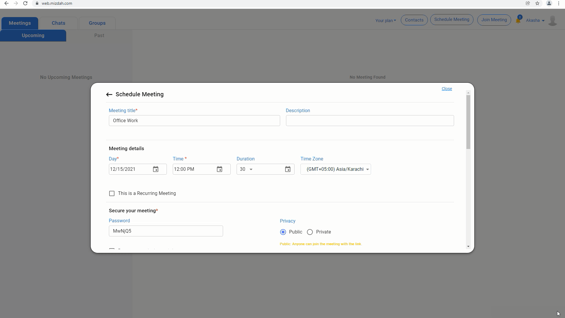 Mizdah web app schedule meeting