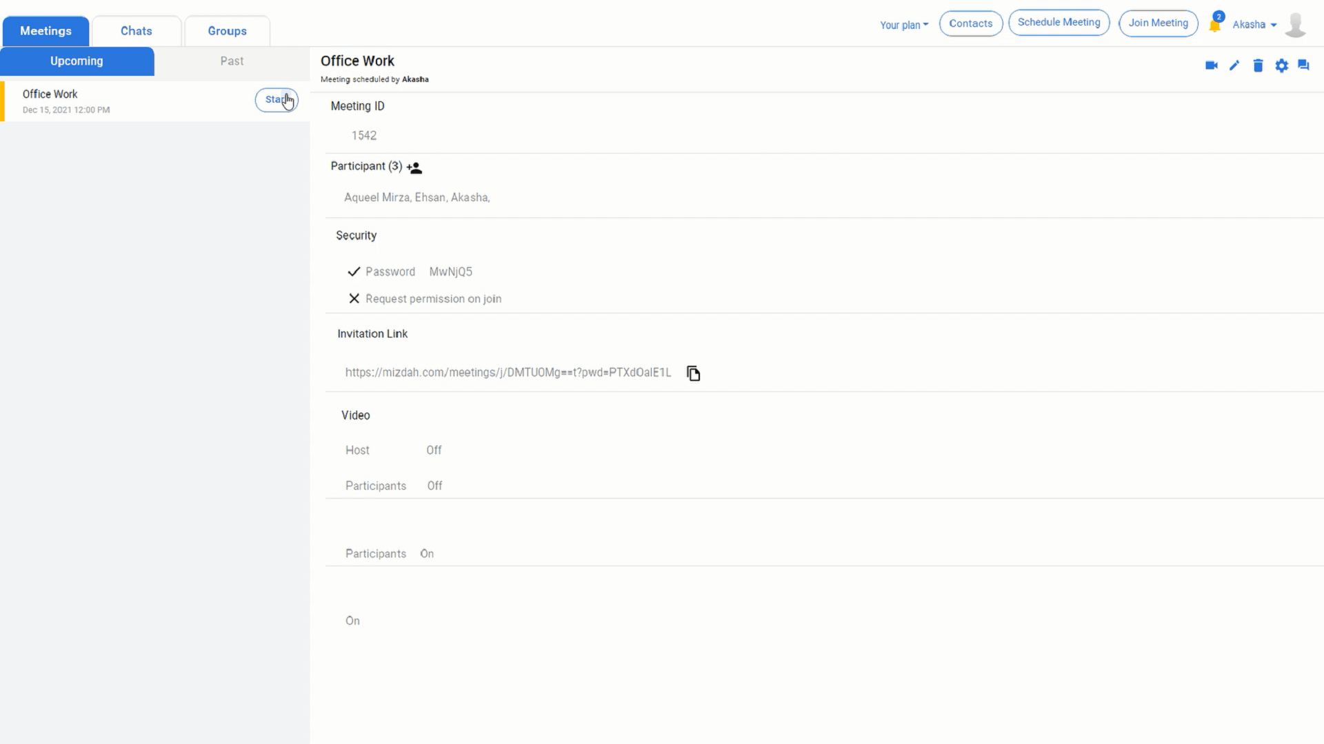 Mizdah web app start meeting